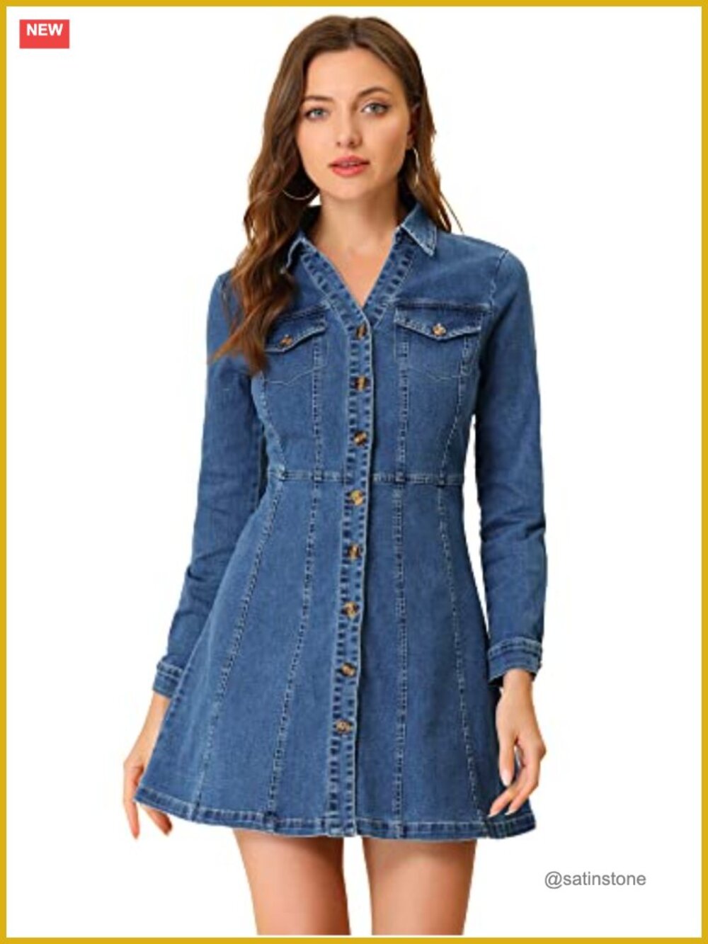 Denim Mini Dress V Neck Long Sleeve Button Down Jean Dress Casual